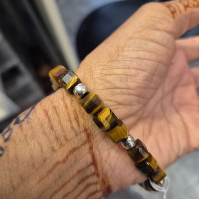 DBV-#3 Yellow Tiger Eye Cube with silver  Bead Bracelets