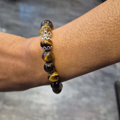 DBV-#4 Yellow Tiger Eye 10MM with silver flower Bracelets