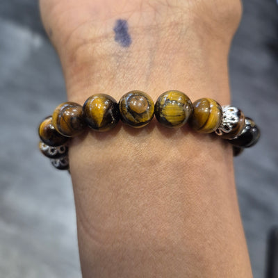 DBV-#4 Yellow Tiger Eye 10MM with silver flower Bracelets