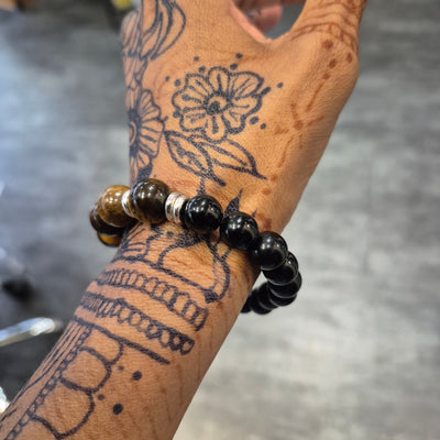 DBV-#6 Tiger Eye & Obsidian with silver accent bead Bracelet