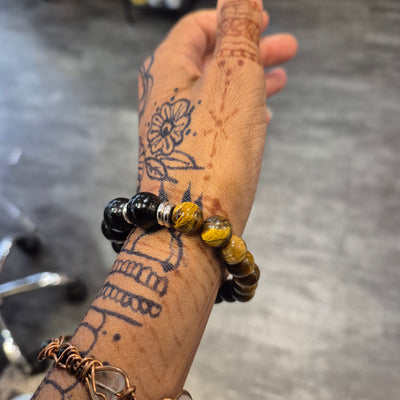 DBV-#6 Tiger Eye & Obsidian with silver accent bead Bracelet