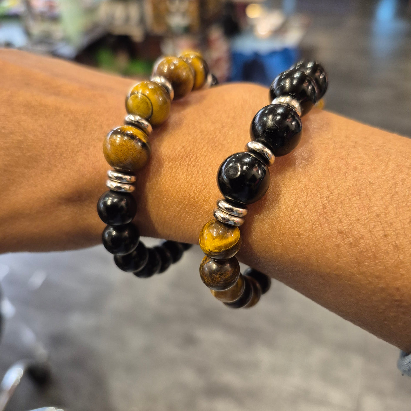 DBV-#6 Tiger Eye & Obsidian with silver accent bead Bracelet