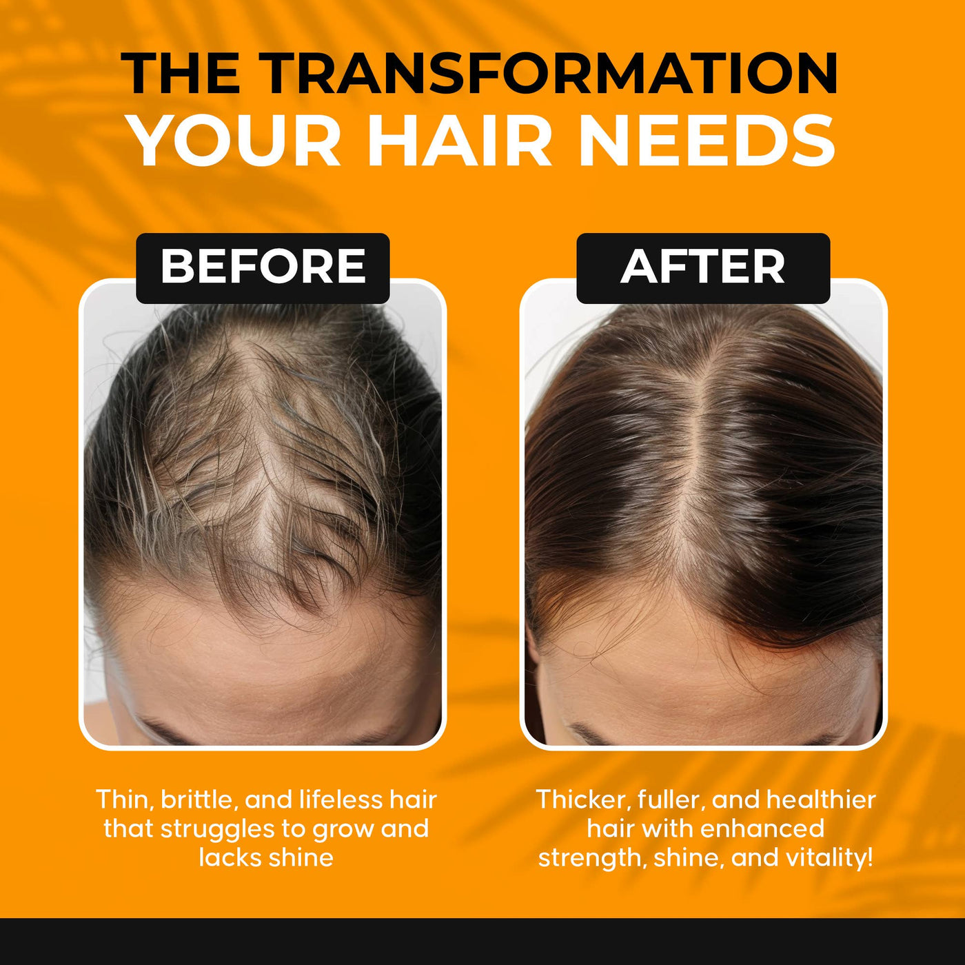 Before and after comparison of hair transformation on an orange background