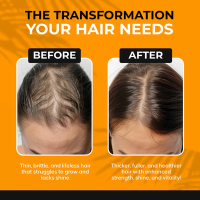 Before and after comparison of hair transformation on an orange background