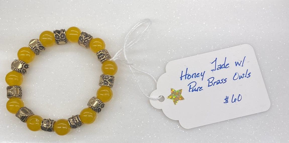 Honey Jade Bracelet with Pure Brass Owls by HGJ