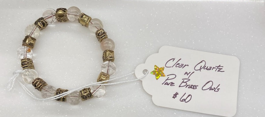Clear Quartz Bracelet with Pure Brass Owls by HGJ