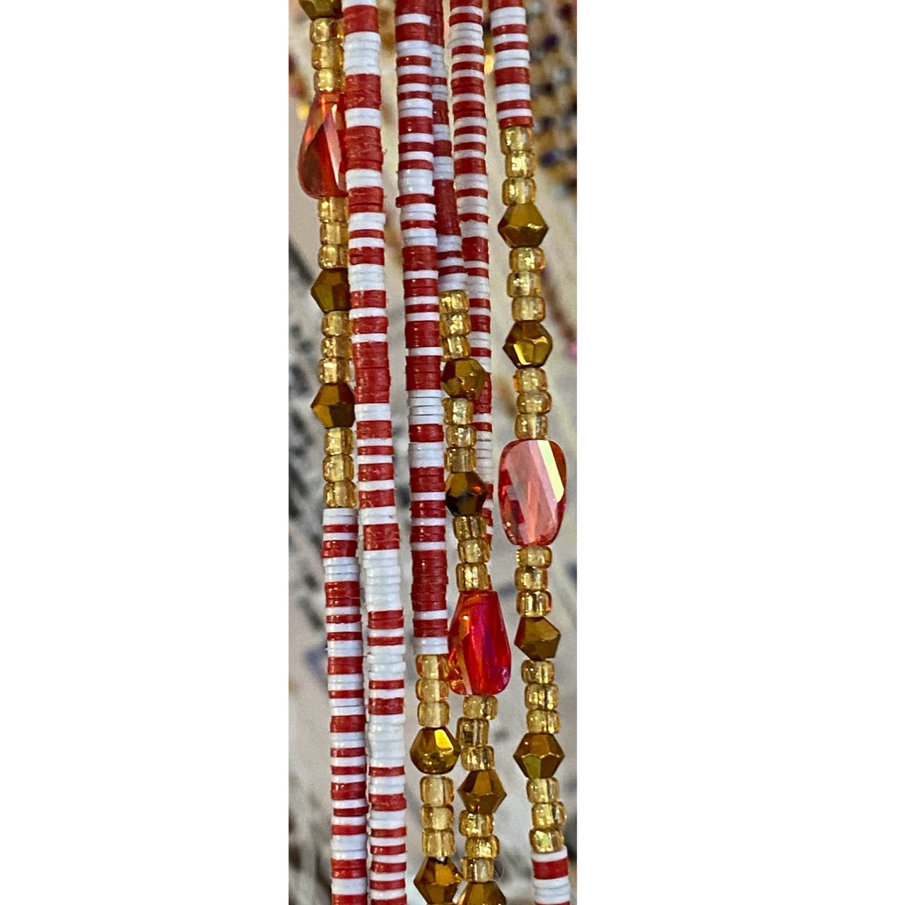 Red & White Vinyl Disk Waist Beads with accent beads