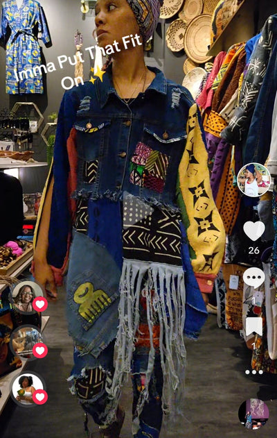 Afrofunk Wear -Mudcloth Slit sleeves with Denim Fringe and Comb Painting