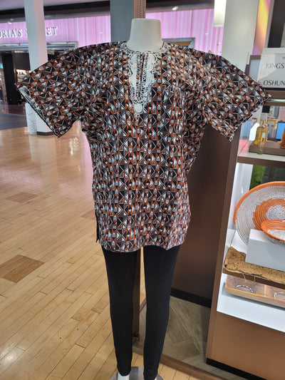 Brown Embroidered African Print Dashiki-FVM 30