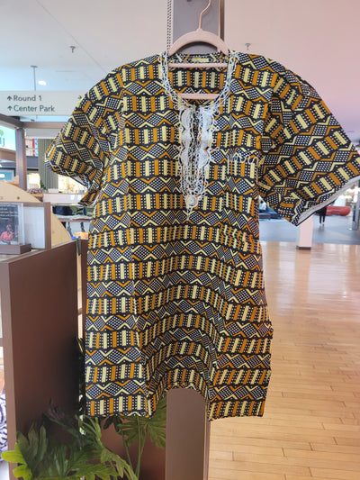 Yellow Embroidered African Print Dashiki-FVM 30